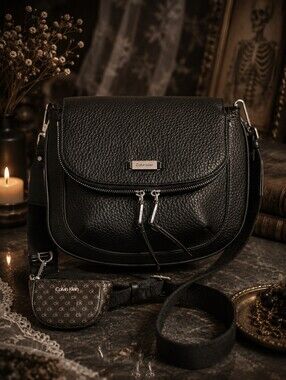 Calvin Klein Black Pebbled Leather Crossbody Bag Flap Purse w/ Matching Pouch